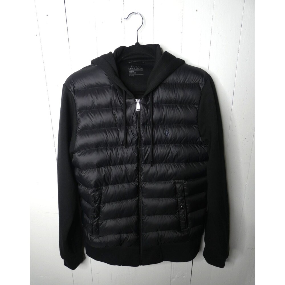 Polo Ralph Lauren Mens M Black Down Filled Zip Puffer Jacket Contrast Front Logo